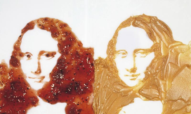 The artist's depiction of the Mona Lisa made out of peanut butter and jelly.