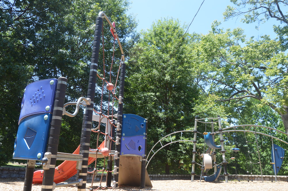 The Inman Park Playground is composed of colorful and unique shapes. 