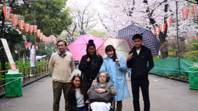 A rainy day in Ueno Park during the peak of the cherry blossom, sakura, season with my host family. From left to right: My host dad (physician), myself, host mom (English professor), brother (18 years old), sister (22 years old) and grandmother.