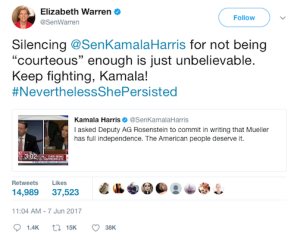Kamala Harris Twitter Response after US Senate hearings June 2017