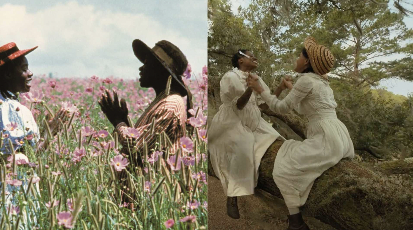Side-by-side images of young Nettie and Celie from both the 1985 film and the 2023 version.