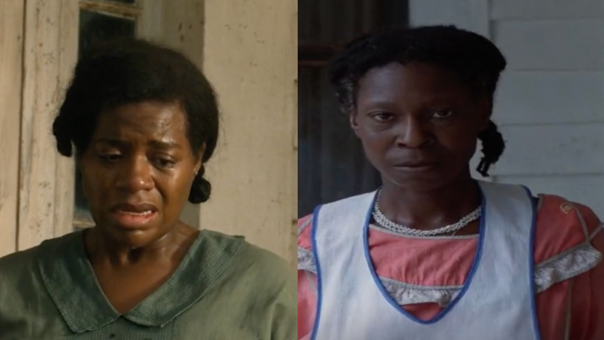 A split image of Fantasia Barrino as Celie (left) in 2023's "The Color Purple" and Whoopi Goldberg (right) in the 1985 version.